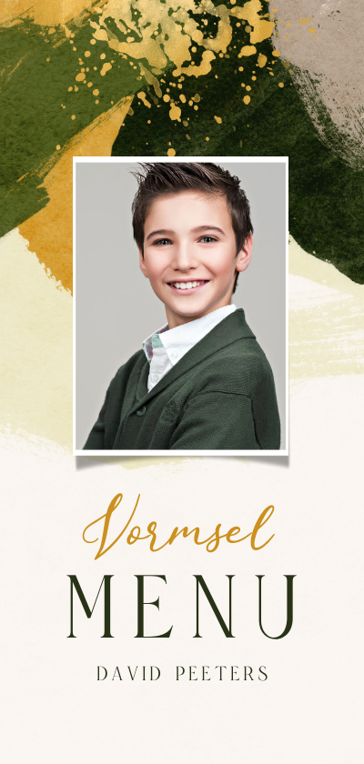 Menukaart vormsel verf stijlvol goud foto - Communiekaarten Communiekaarten - Menukaart vormsel verf stijlvol goud foto