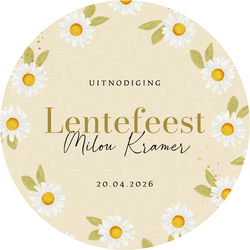 Communiekaarten - Rond communiekaartje madeliefjes waterverf goud spetters