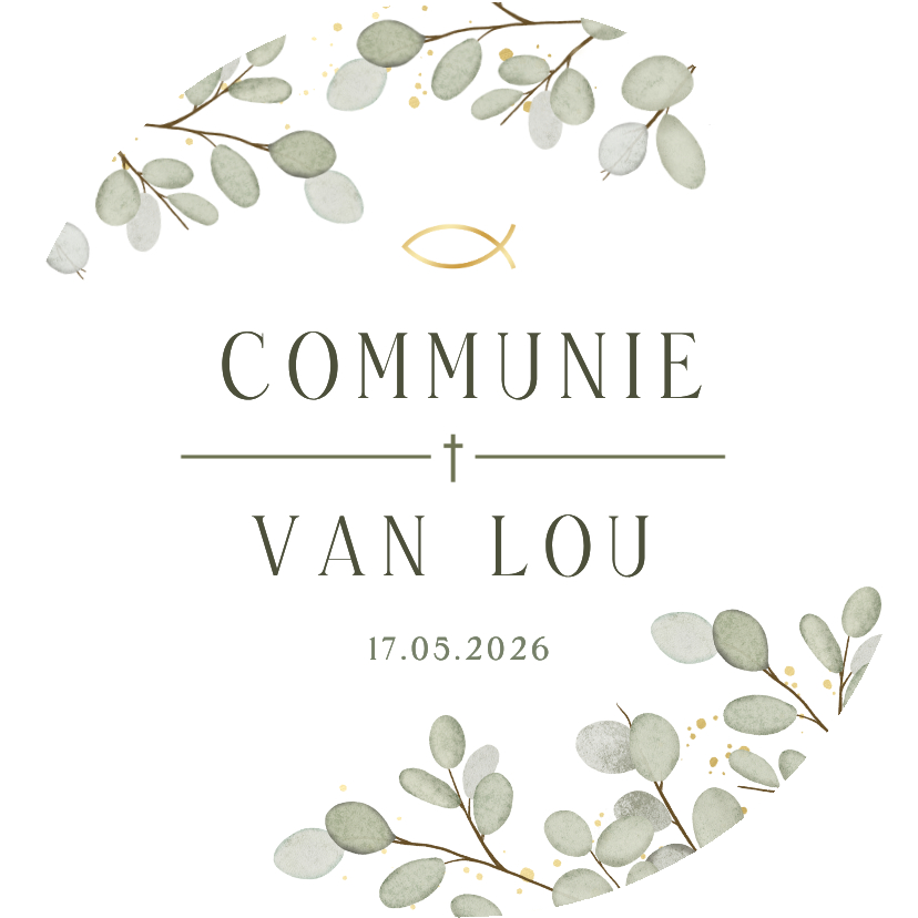 Ronde botanische communie uitnodiging Eucalyptus met visje - Communiekaarten Communiekaarten - Ronde botanische communie uitnodiging Eucalyptus met visje