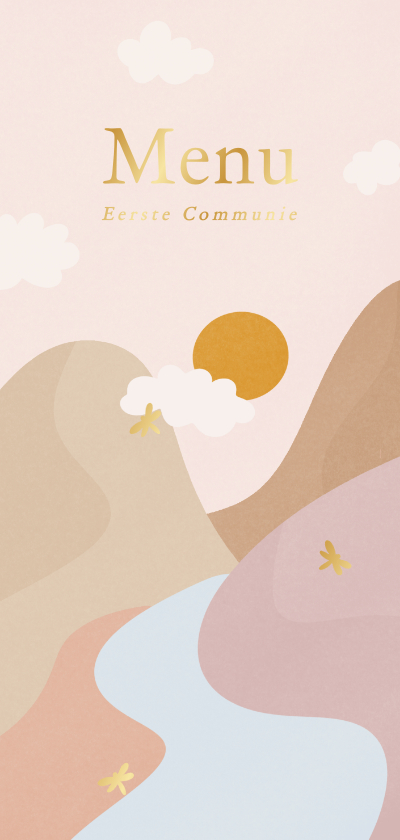 Communiekaarten - Roze menukaart met landschap met zon en gouden libelles