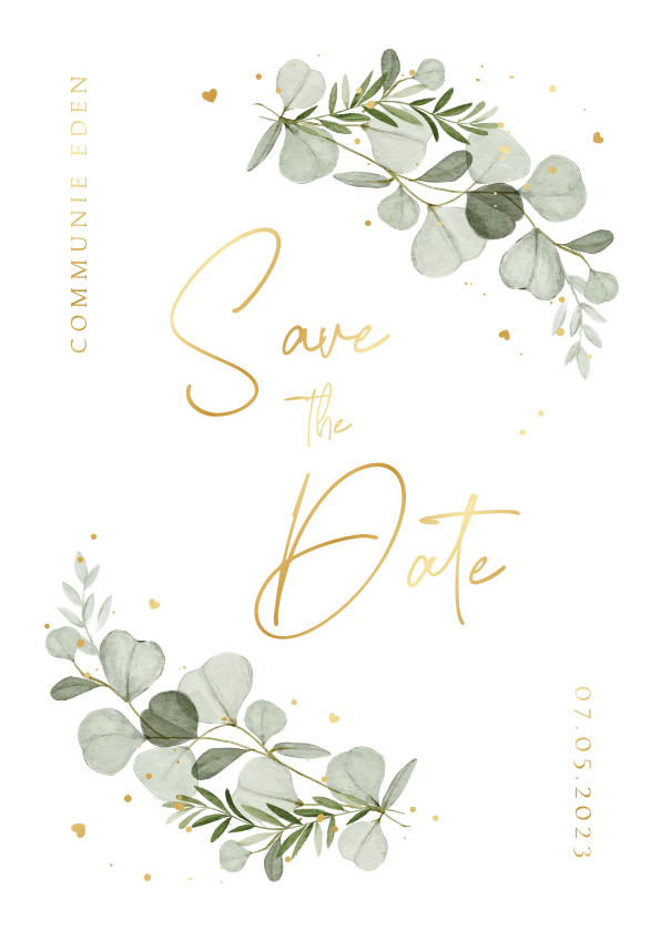 Communiekaarten - Save the date communie eucalyptus goud hartjes