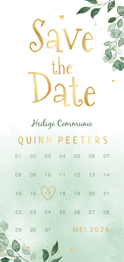 Communiekaarten - Save the date communie kalender waterverf goud takjes