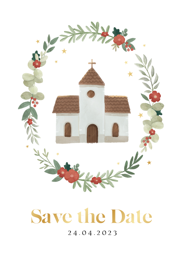 Communiekaarten - Save the date communiekaart illustratie kerk bloemen sterren