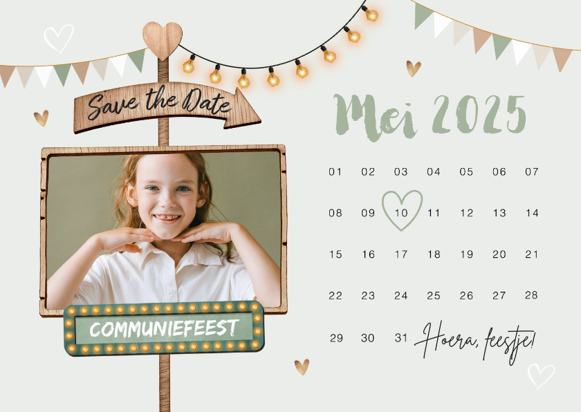 Save the date uitnodiging communie wegwijzers slingers foto - Communiekaarten Communiekaarten - Save the date uitnodiging communie wegwijzers slingers foto