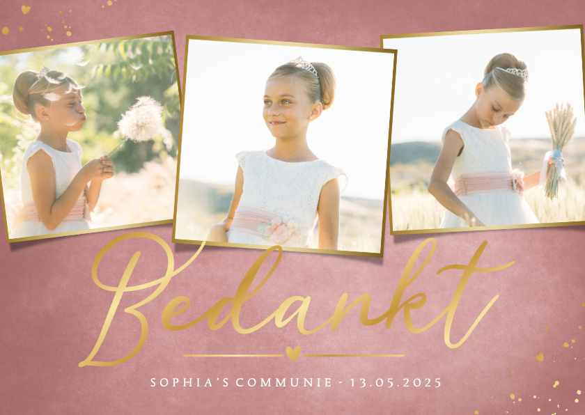 Communiekaarten - Stijlvolle bedankkaart communie met 3 foto's voor een meisje