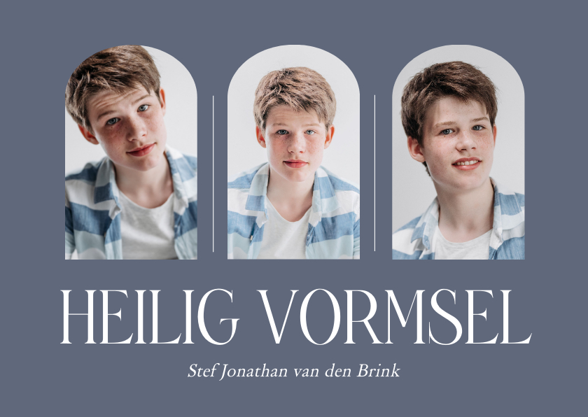 Stijlvolle blauw uitnodiging voor vormsel met eigen foto's - Communiekaarten Communiekaarten - Stijlvolle blauw uitnodiging voor vormsel met eigen foto's