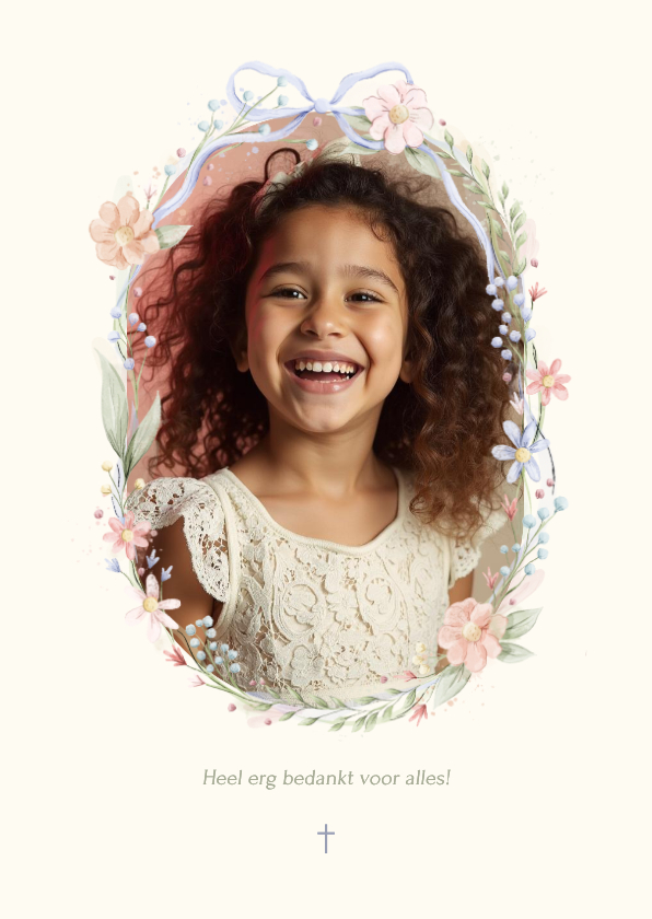 Communiekaarten - Stijlvolle communie bedankaartje strik met foto en bloemen