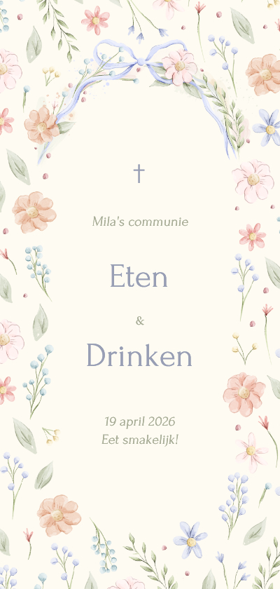 Communiekaarten - Stijlvolle communie menukaart strik met aquarel bloemen