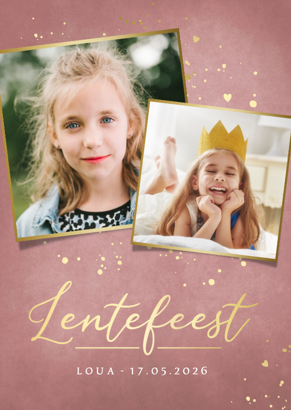 Stijlvolle oudroze uitnodiging lentefeest meisje met foto's - Communiekaarten Communiekaarten - Stijlvolle oudroze uitnodiging lentefeest meisje met foto's