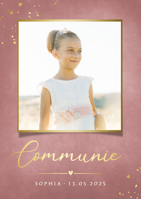 Stijlvolle oudroze uitnodiging voor communie met eigen foto - Communiekaarten Communiekaarten - Stijlvolle oudroze uitnodiging voor communie met eigen foto