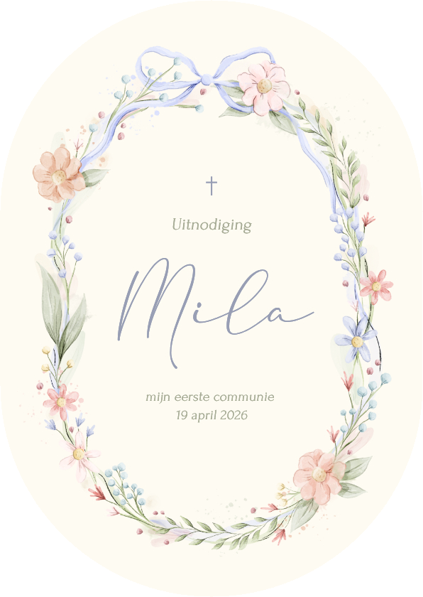 Communiekaarten - Stijlvolle ovale communiekaart strik met aquarel bloemen