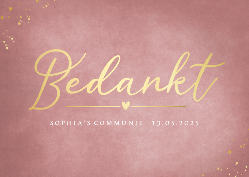 Stijlvolle roze met gouden kaart als bedankje bij communie - Communiekaarten Communiekaarten - Stijlvolle roze met gouden kaart als bedankje bij communie