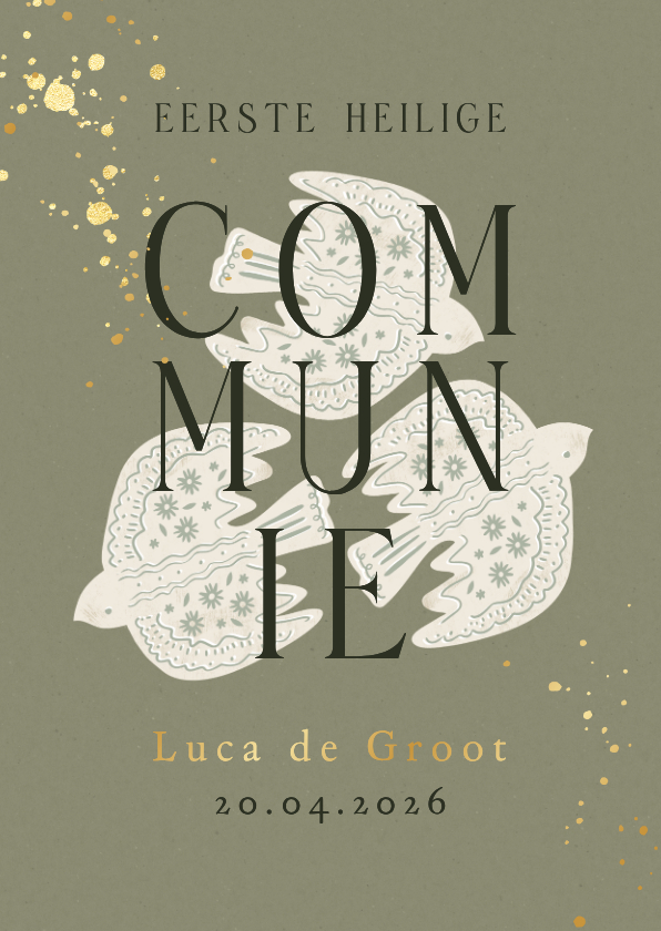Communiekaarten - Stijlvolle uitnodigingskaart eerst communie duiven goud