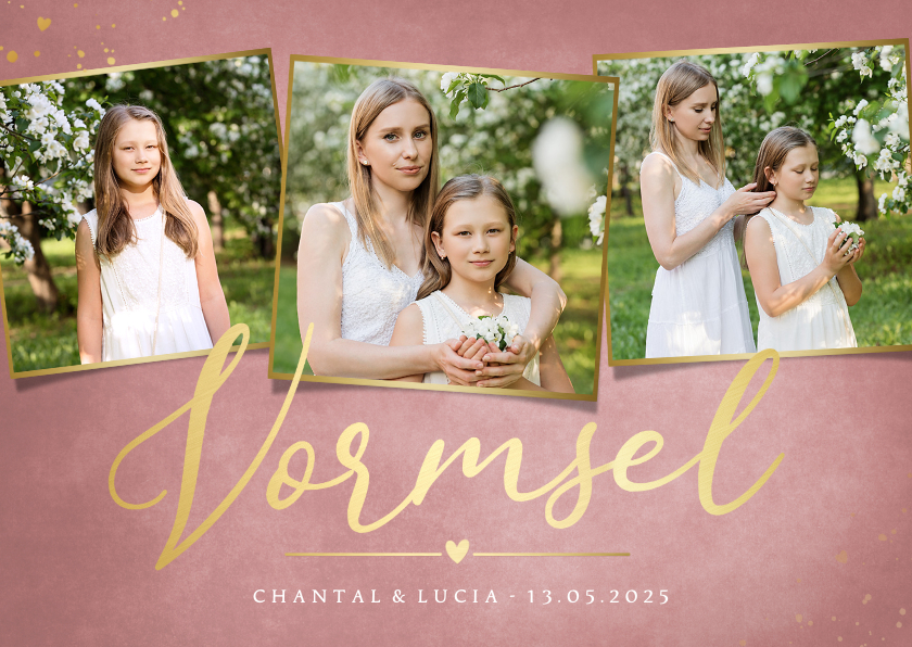 Stijlvolle Vormsel uitnodiging voor een meisje met 3 foto's - Communiekaarten Communiekaarten - Stijlvolle Vormsel uitnodiging voor een meisje met 3 foto's