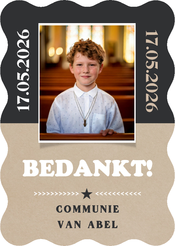Communiekaarten - Stoere bedankkaart communie jongen met golfrand