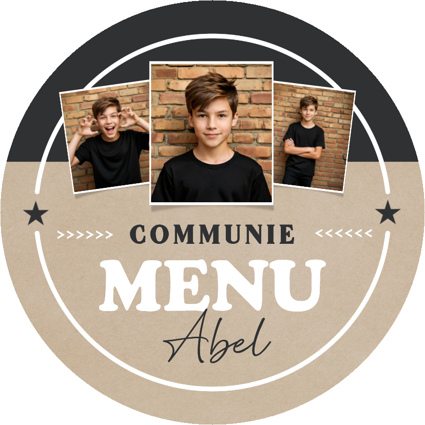 Communiekaarten - Stoere ronde menukaart communie jongen kraftlook