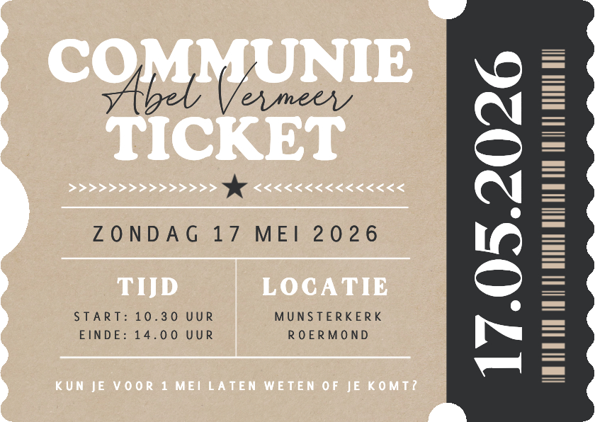 Communiekaarten - Stoere uitnodiging communie ticket vorm met kraft