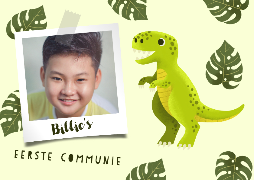 Stoere uitnodiging eerste communie met dino en blaadjes - Communiekaarten Communiekaarten - Stoere uitnodiging eerste communie met dino en blaadjes
