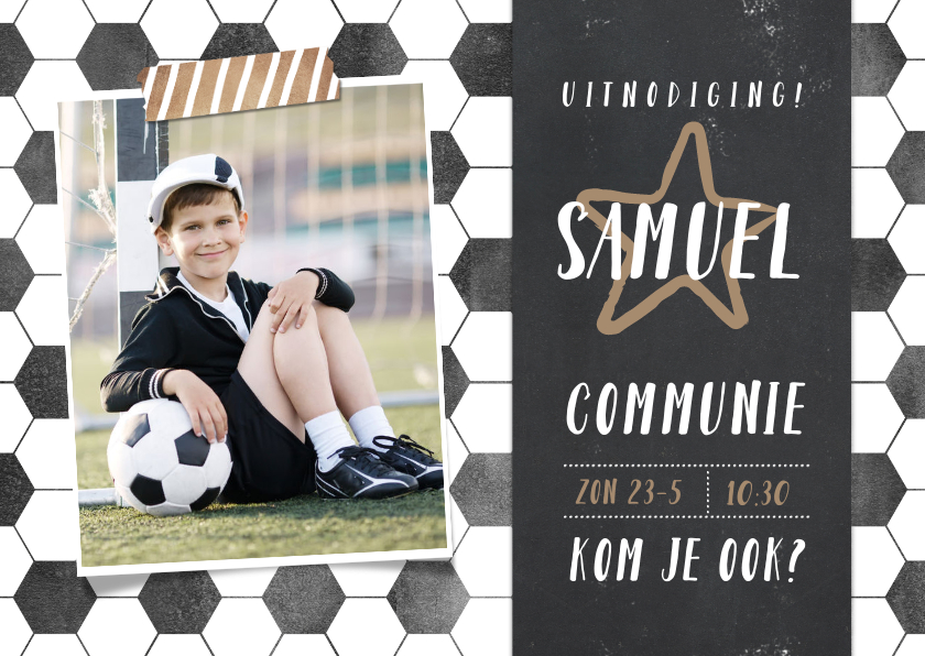Communiekaarten - Stoere voetbal communie uitnodiging jongen met foto