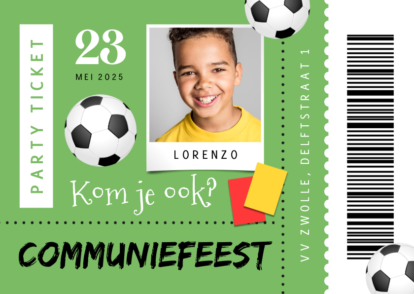 Ticket uitnodiging communiefeest voetbal foto - Communiekaarten Communiekaarten - Ticket uitnodiging communiefeest voetbal foto