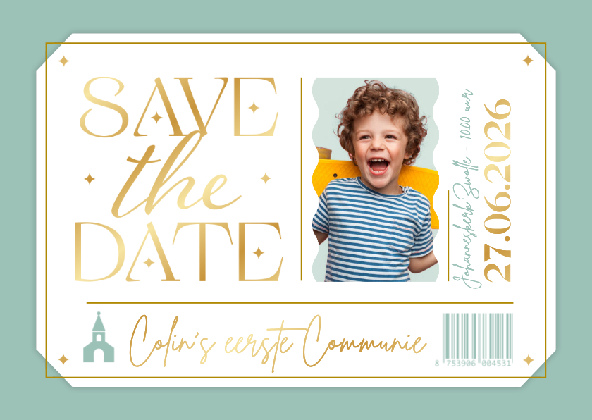 Ticket uitnodigingskaart communie stijlvol modern goud foto - Communiekaarten Communiekaarten - Ticket uitnodigingskaart communie stijlvol modern goud foto