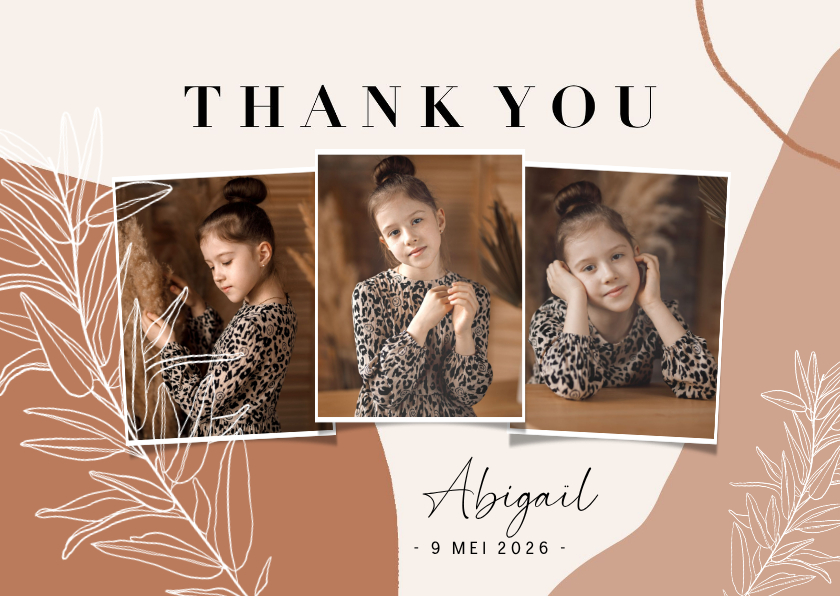 Trendy bedankkaart communie abstracte vormen en takje - Communiekaarten Communiekaarten - Trendy bedankkaart communie abstracte vormen en takje