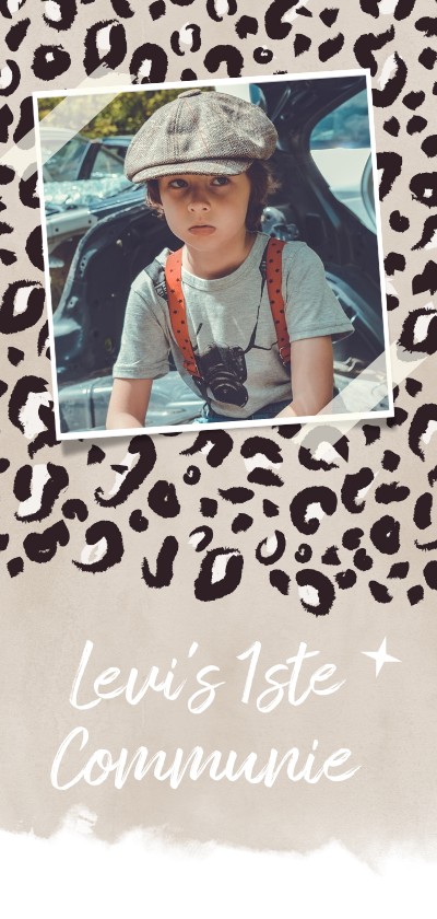 Trendy communiekaart jongen met luipaard print - Communiekaarten Communiekaarten - Trendy communiekaart jongen met luipaard print