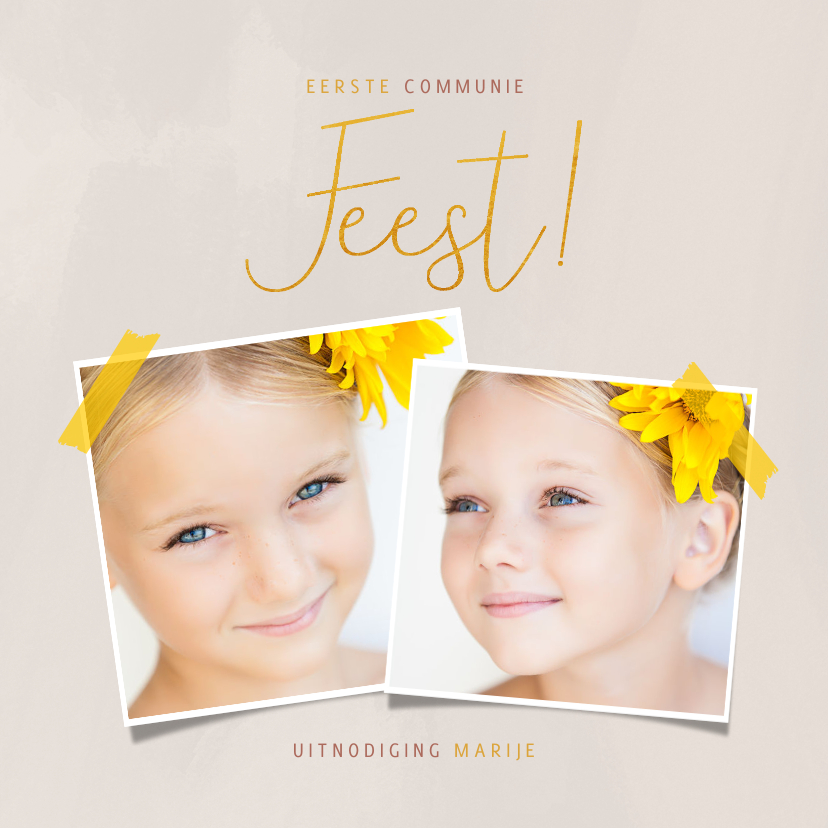 Trendy uitnodiging communiefeest met goudlook en foto's - Communiekaarten Communiekaarten - Trendy uitnodiging communiefeest met goudlook en foto's