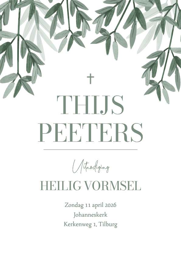 Communiekaarten - Uitnodiging christelijk heilig vormsel stijlvol takjes groen