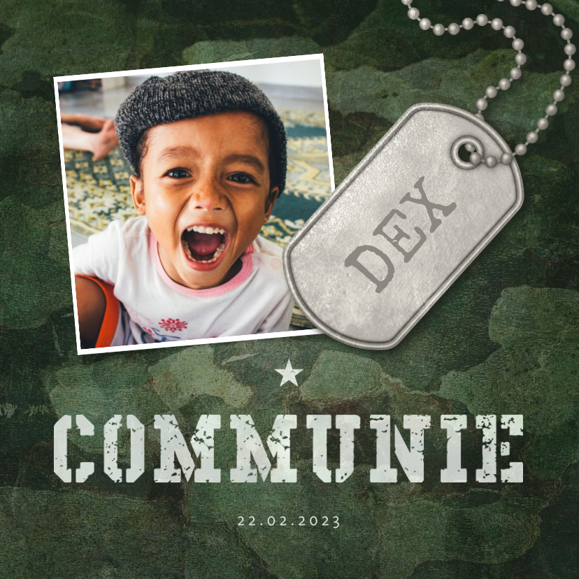 Uitnodiging communie army stoer met foto en legerplaatje - Communiekaarten Communiekaarten - Uitnodiging communie army stoer met foto en legerplaatje