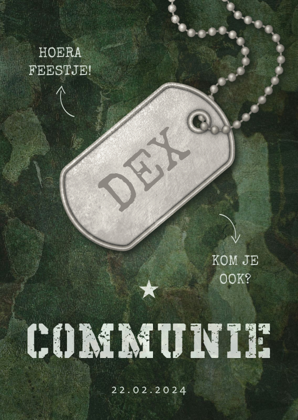 Communiekaarten - Uitnodiging communie army stoer met legerplaatje