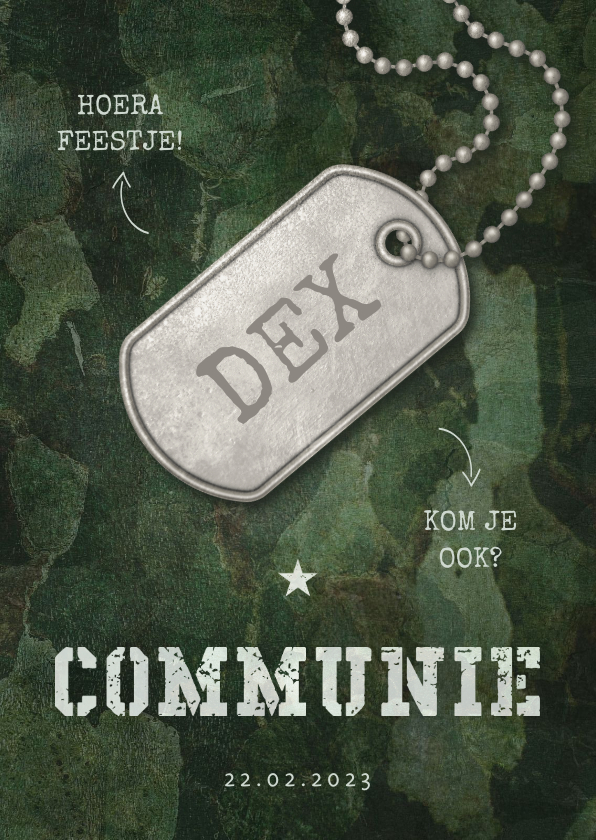 Uitnodiging communie army stoer met legerplaatje - Communiekaarten Communiekaarten - Uitnodiging communie army stoer met legerplaatje