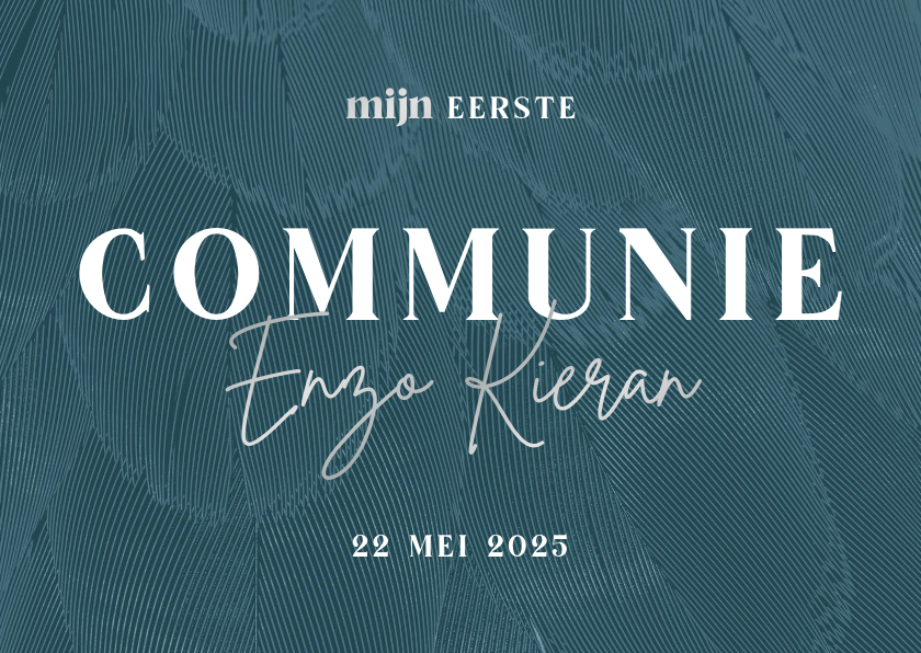 Communiekaarten - Uitnodiging communie blauw stijlvol met veren 