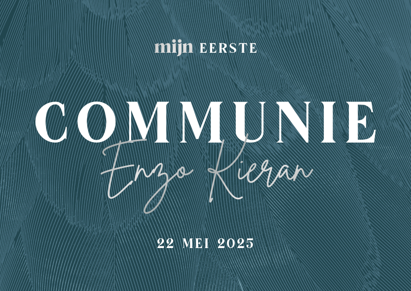 Uitnodiging communie blauw stijlvol met veren - Communiekaarten Communiekaarten - Uitnodiging communie blauw stijlvol met veren