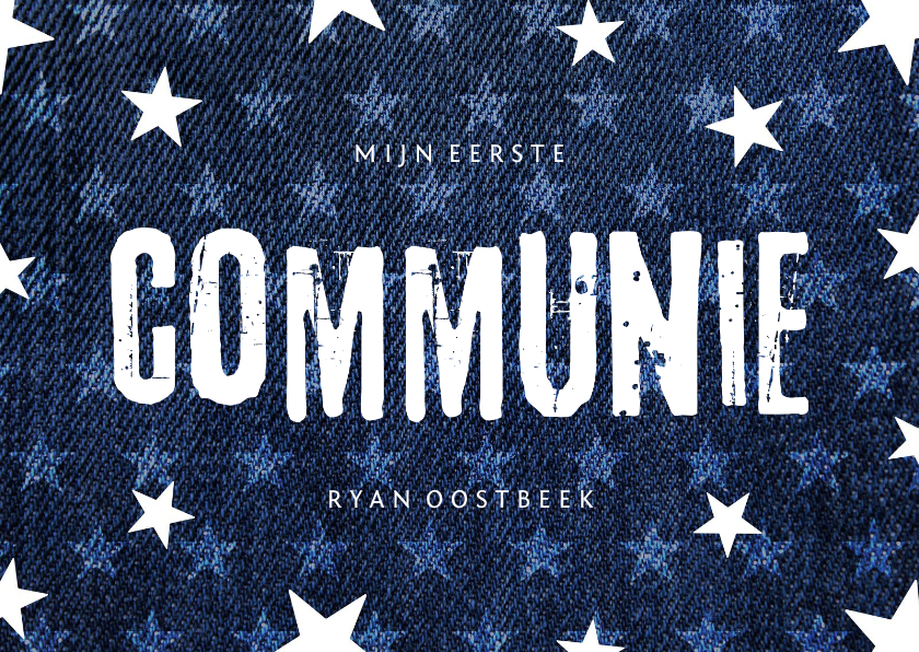 Communiekaarten - Uitnodiging communie denim stoer met sterren