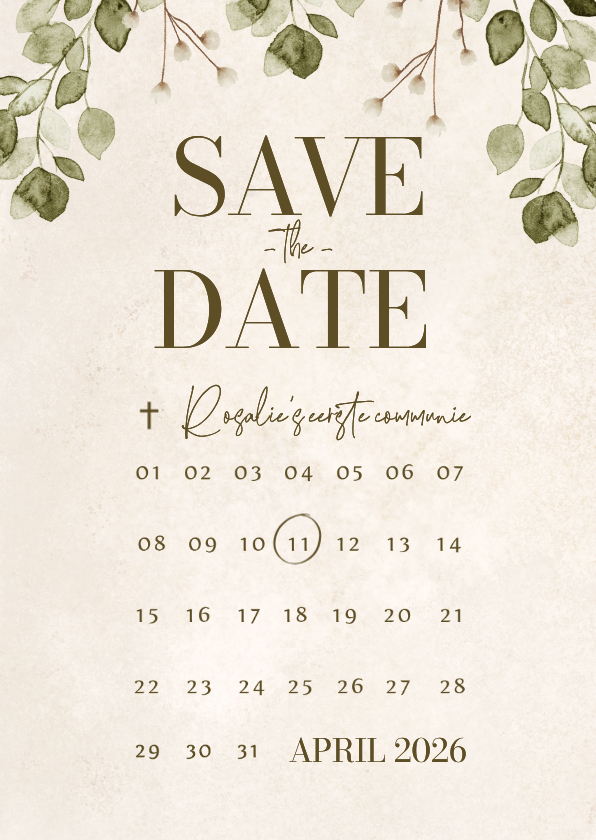 Communiekaarten - Uitnodiging communie eucalyptus save the date kalender