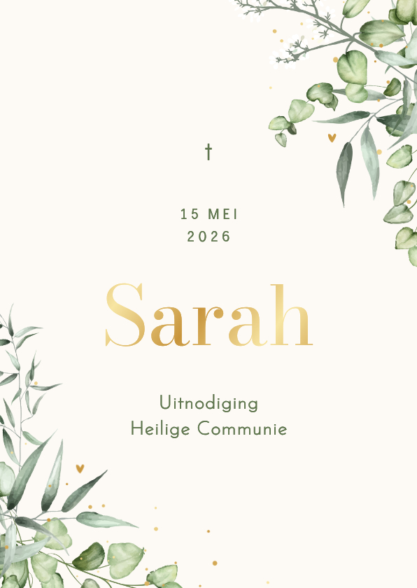 Communiekaarten - Uitnodiging communie eucalyptus stijlvol goud