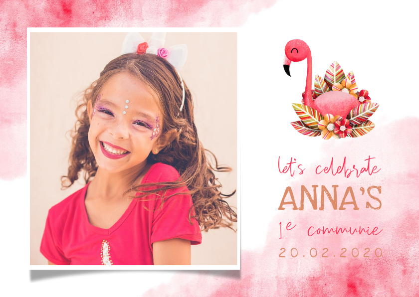 Communiekaarten - Uitnodiging communie flamingo met grote foto en waterverf