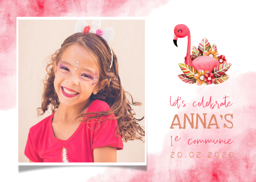 Uitnodiging communie flamingo met grote foto en waterverf - Communiekaarten Communiekaarten - Uitnodiging communie flamingo met grote foto en waterverf