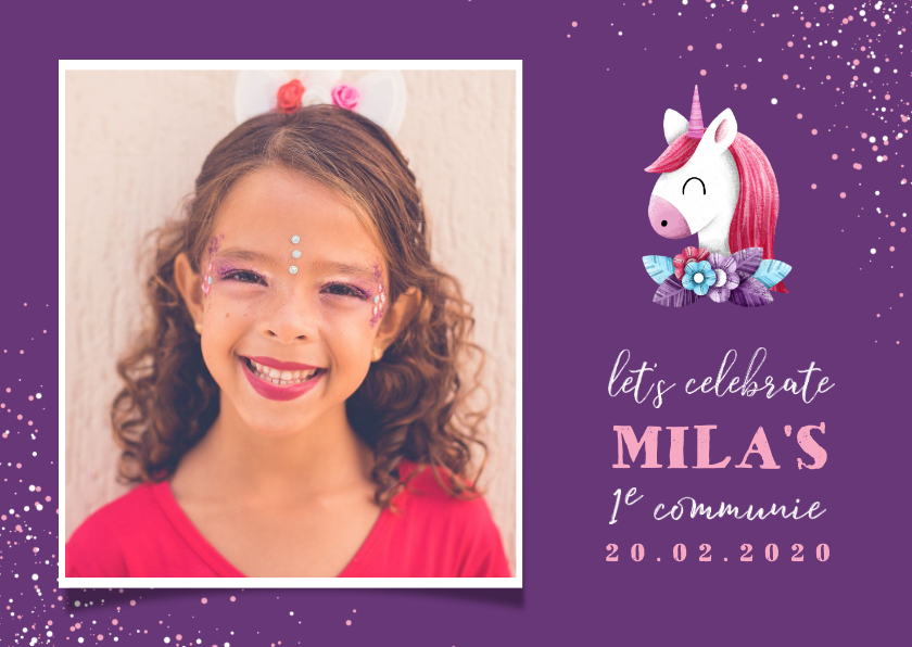 Uitnodiging communie grote foto met unicorn en confetti - Communiekaarten Communiekaarten - Uitnodiging communie grote foto met unicorn en confetti