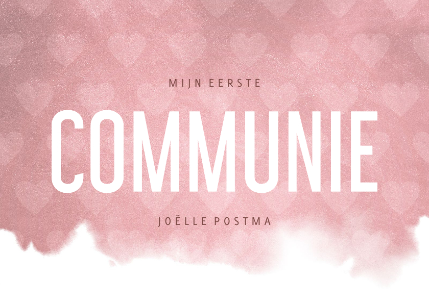 Communiekaarten - Uitnodiging communie hip waterverf roze met hartjes