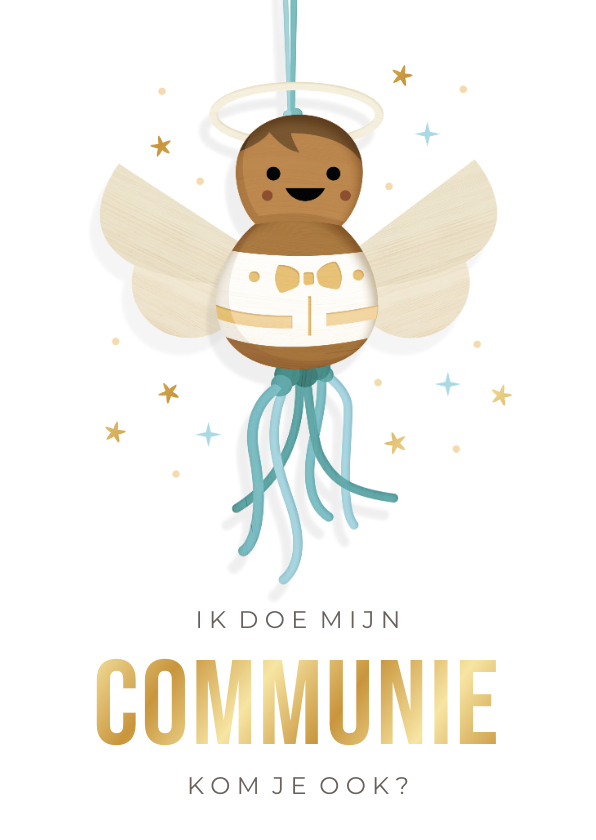 Uitnodiging communie jongen - donker engel gelukspoppetje - Communiekaarten Communiekaarten - Uitnodiging communie jongen - donker engel gelukspoppetje