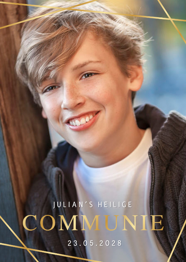 Uitnodiging communie jongen grote foto gouden lijnen - Communiekaarten Communiekaarten - Uitnodiging communie jongen grote foto gouden lijnen