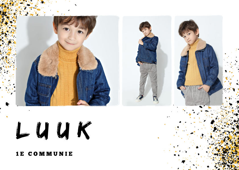 Uitnodiging communie jongen verfspetters goudlook - Communiekaarten Communiekaarten - Uitnodiging communie jongen verfspetters goudlook