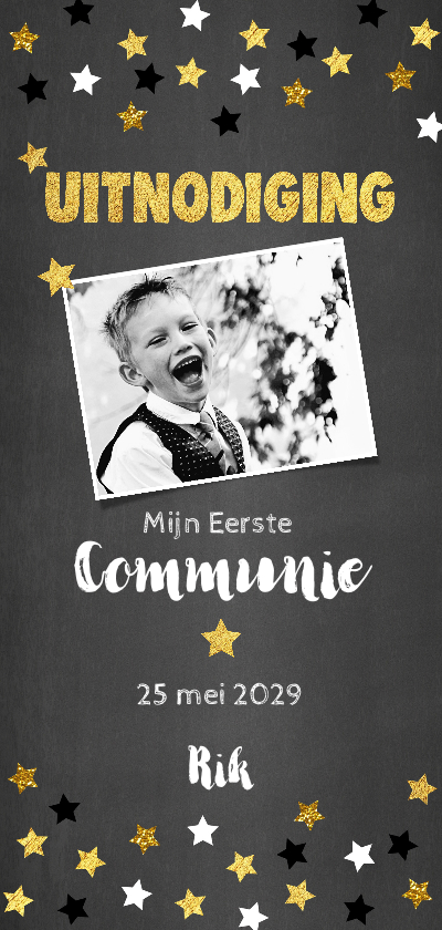 Communiekaarten - Uitnodiging communie krijtbord en sterren confetti 