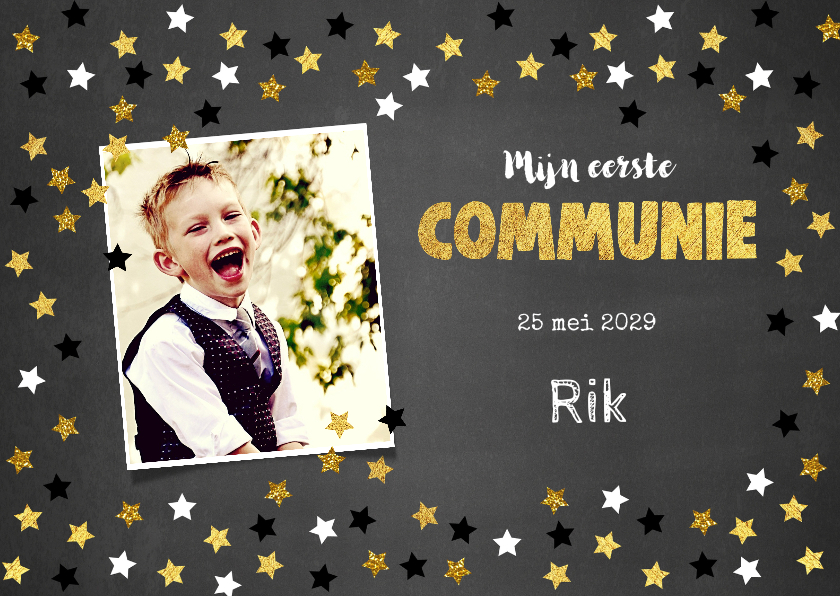 Communiekaarten - Uitnodiging communie krijtbord en sterretjes confetti