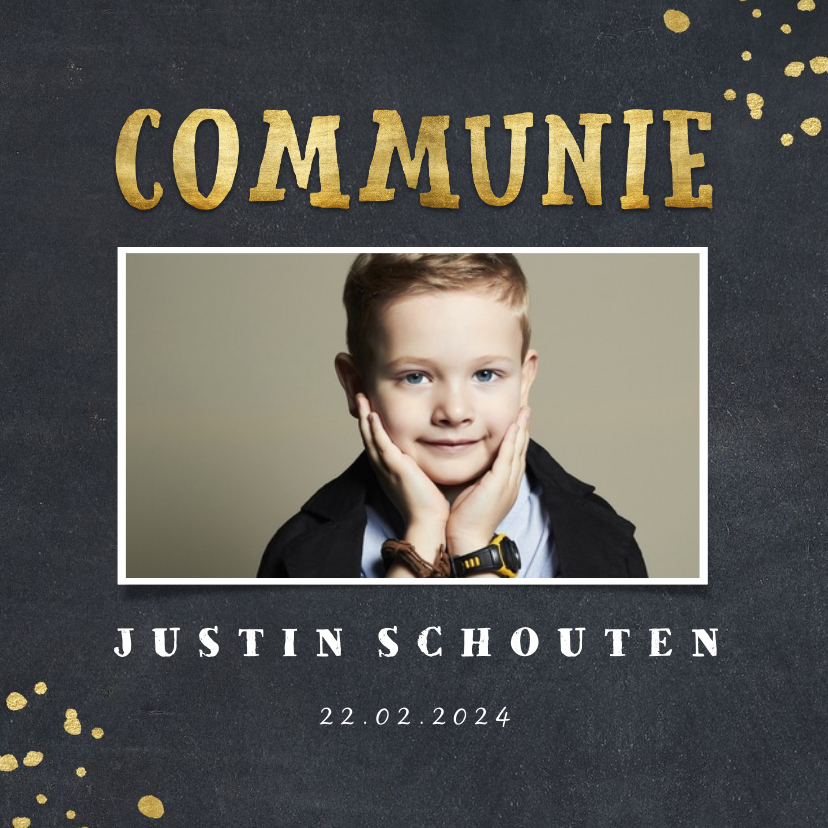 Communiekaarten - Uitnodiging communie krijtbord foto en gouden spetters