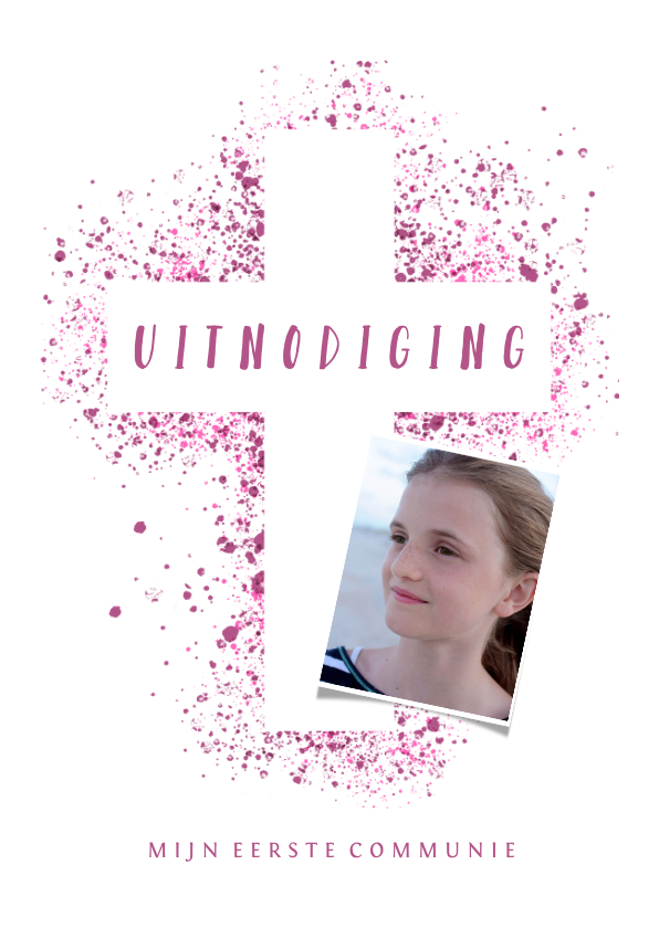 Communiekaarten - Uitnodiging communie kruis & foto verfspetters roze