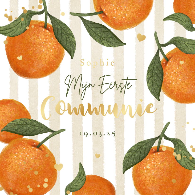 Uitnodiging communie mandarijnen citrus hip goud hartjes - Communiekaarten Communiekaarten - Uitnodiging communie mandarijnen citrus hip goud hartjes