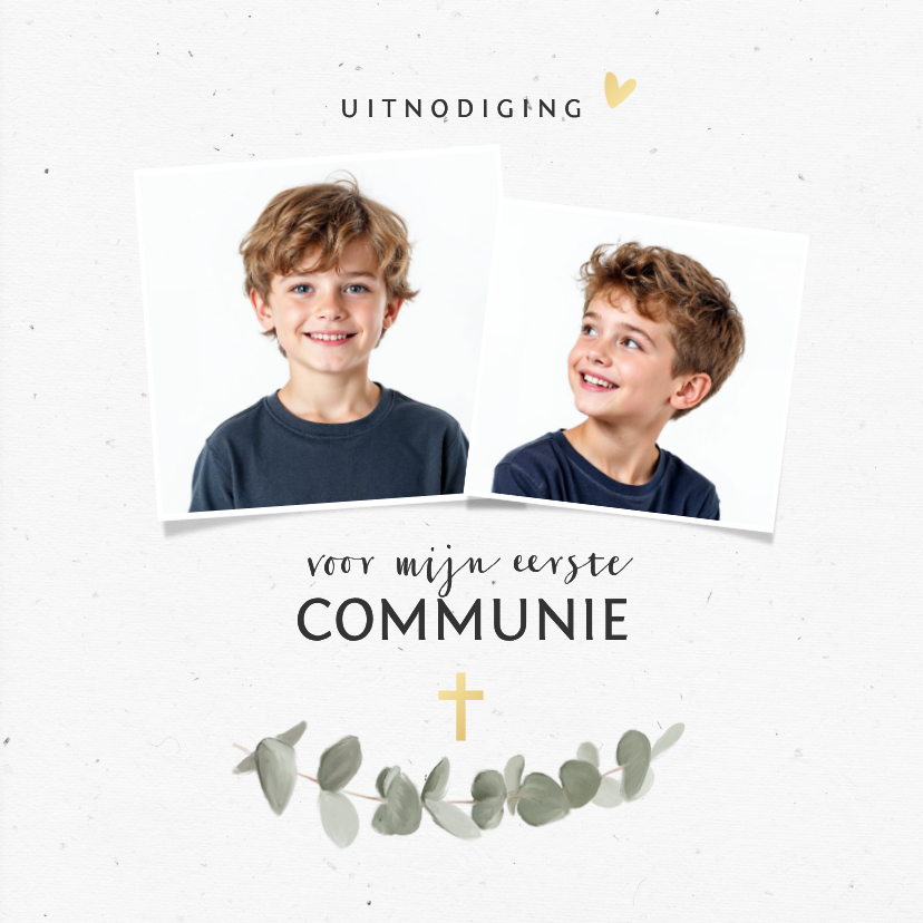 Communiekaarten - Uitnodiging communie met eucalyptus en foto's
